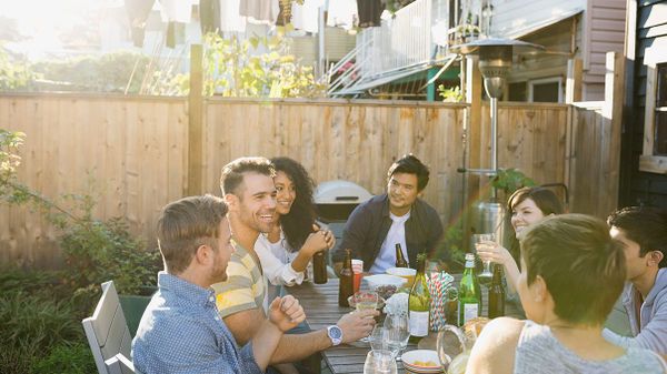 friends at barbecue with beer and wine