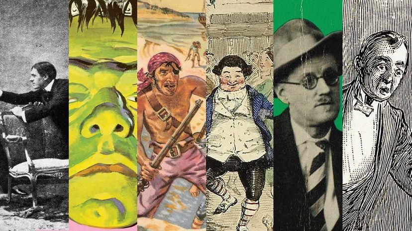 Can you guess which pictures belong to which books? From left to right, that's "The Importance Of Being Earnest," "Frankenstein," "Treasure Island," "A Christmas Carol," "Dubliners" and "The Picture of Dorian Gray." Wikimedia Commons/CSA Images/Getty Images