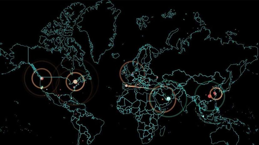The map above is from Norse Corp., a security company that tracks real-time cyberattacks happening in the world at a given moment. On Friday, a lot of those attacks were occurring along the East Coast of the U.S. Screengrab of Norse Corp. Map by HowStuffWorks