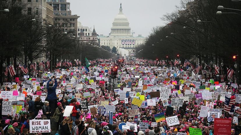 Protesters walk up Pennsylvania Avenue during the Women's March on Washington with the U.S. Capitol in the background, on Jan. 21, 2017 in Washington, D.C. Mario Tama/Getty Images