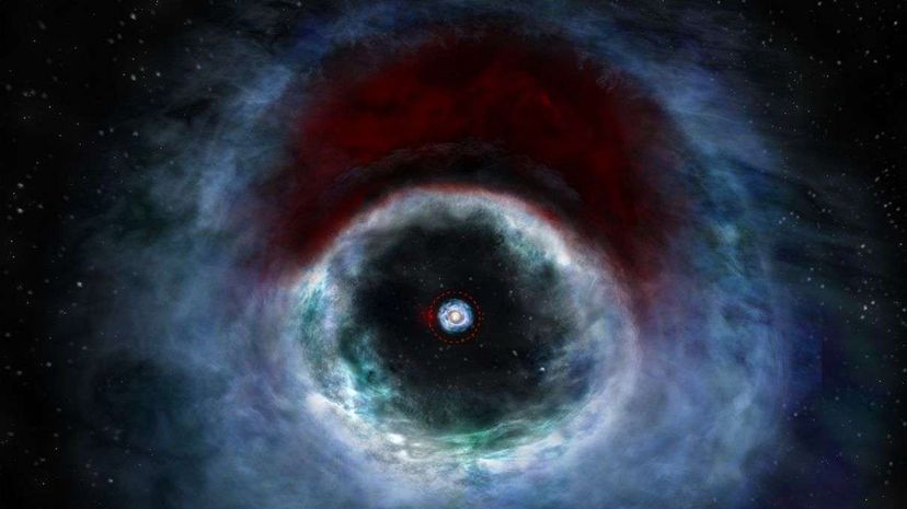 Artist impression of the HD 142527 binary star system; the two dots in the center represent the stars, while the red arc above is where potential planetary formation is taking place. B. Saxton (NRAO/AUI/NSF)