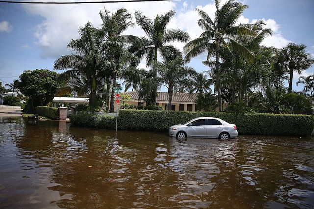 A vehicle drives through flooded streets caused by the combination of the lunar orbit which caused seasonal high tides and what many believe is the rising sea levels due to climate change on September 30, 2015, in Fort Lauderdale, Florida.