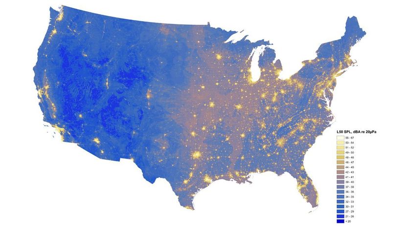 这个国家公园管理局现有条件的地图显示声音水平在美国,最黑暗的蓝色阴影描绘区域噪音低于20分贝,黄色(48-54 dBA)和白色(55 - 67 dBA)阴影highlightin……国家公园管理局”width=