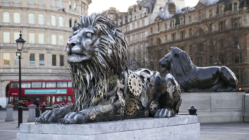 Television personality Rachel Riley unveiled the clockwork lion statue in London's Trafalgar Square on Thursday, Jan. 28. REUTERS