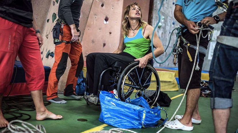 Belgian paraplegic climber Vanessa Francois training in 2013. A new nonsurgical procedure suggests potential for restoring movement. Jeff Pachoud/Getty Images