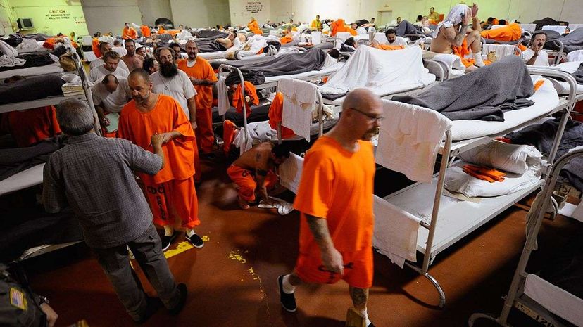 Inmates at California's Chino State Prison in December 2010 in a gymnasium that was modified to house prisoners. Kevork Djansezian/Getty Images