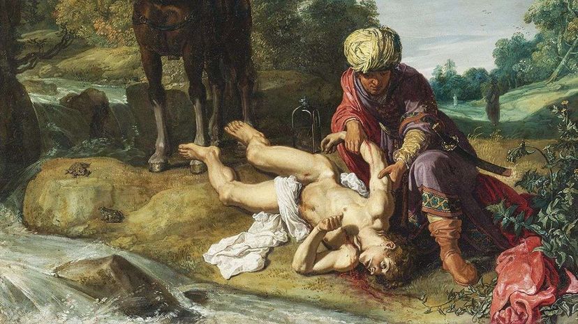 A detail of the 1612 painting "The Good Samaritan" by Pieter Pietersz Lastman illustrates the Biblical parable of a stranger offering assistance. Heritage Images/Getty Images