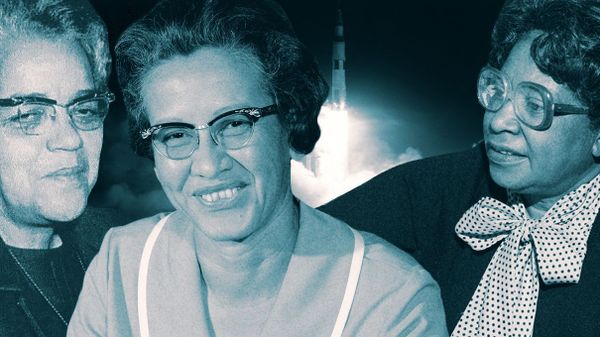 Katherine Johnson, Dorothy Vaughan and Mary Jackson with rocket in background