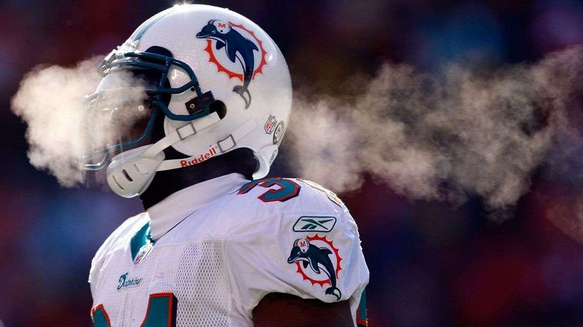 Ricky Williams, pictured here in 2008 playing for the Miami Dolphins, has been a vocal proponent of marijuana reform, particularly for professional athletes. That cloud in the picture? It's his breath on a cold December night in Kansas City. Jamie Squire/Getty