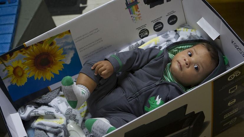 Baby Leo hangs out in a box on the set of The Mindy Project. Thats not an actual baby box like the ones Finland hands out, but the real thing isnt too different. John Fleenor/Universal Television/NBCU Photo Bank via Getty Images