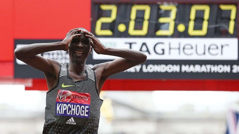 2:03:07 is a pretty stupendous marathon time. It's fast enough to get you first place in the 2016 London Marathon, as Kenya's Eliud Kipchoge learned. Could another runner someday shave another three minutes and eight seconds off that time? JUSTIN TALLIS/AFP/Getty Images