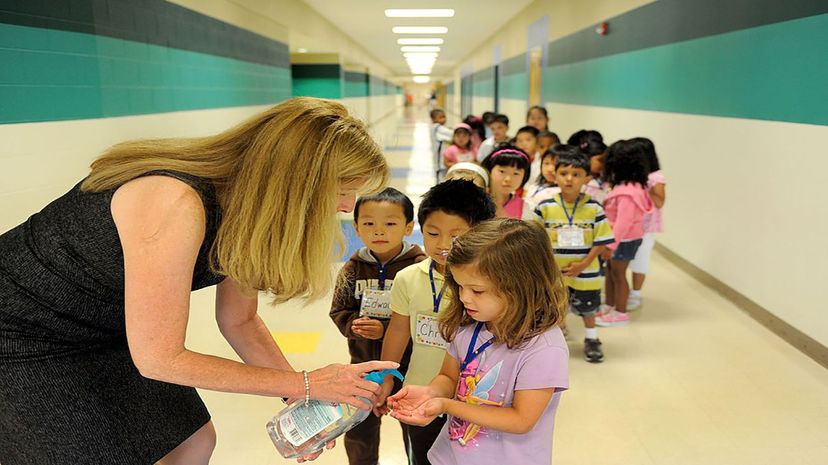 Kindergartners line up with their hands out to get a squirt of hand sanitizer before going into the cafeteria. Katherine Frey/The Washington Post/Getty Images