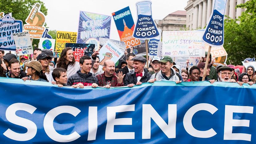 Bill Nye and other pro-science protestors lead the March for Science through the streets of Washington, D.C., on Saturday, April 22. Bill Clark/CQ Roll Call/Getty Images
