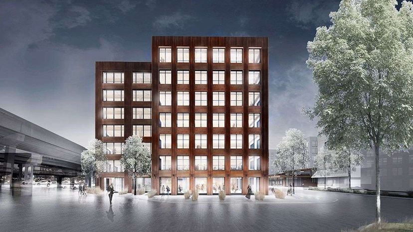 The T3 Minneapolis building in Minneapolis, Minnesota, will be the first tall wooden building in the country; construction's expected to be completed by the end of 2016. Image provided by MGA