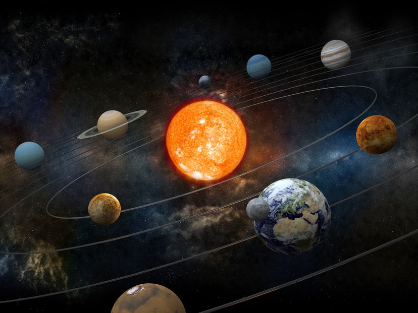Solar system model with sun at the center, nine planets and moon orbiting.