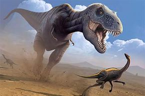 Tyrannosaurus rex dinosaur hunting an Ornithomimus dinosaur