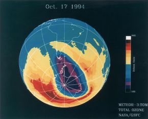 We can get measurements of the ozone layer from instruments on satellites in space. One of the TOMS instruments gave scientists data to create this image depicting ozone levels.