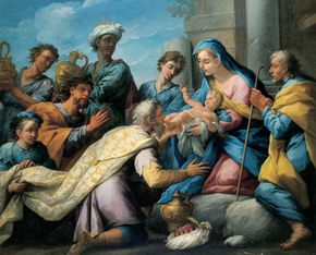 A religious painting of baby Jesus and Mary, surrounded by a group of seven men bowing.