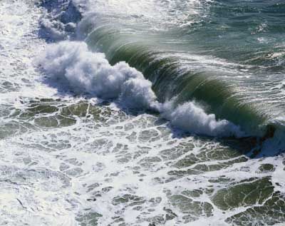 Surfers ride the pristine waves.