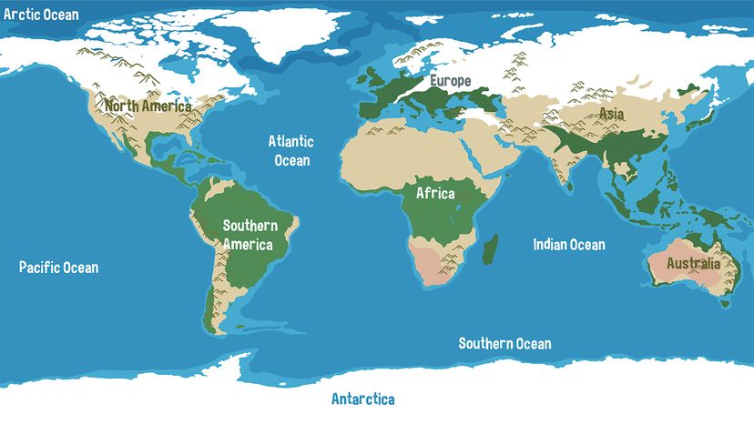 Wie Sie auf dieser Karte sehen können, ist der größte Teil unseres Planeten mit Wasser bedeckt, das wir in fünf benannte Ozeane unterteilt haben.  BlueRingMedia/Shutterstock