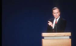 President George H.W. Bush speaks at a presidential debate in St. Louis, four years after a controversial campaign ad helped catapult him to the presidency. 
