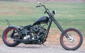 The Harley-Davidson Shovelhead engine adds a 1960s look to this 2000s bike.