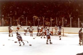 Team USA celebrates their 4-3 victory over the Soviet Union in the semi-final men's ice hockey event in 1980. The game was dubbed the 'Miracle on Ice' because the Soviets had won every Olympic event since 1954. The USA went on to win the gold.