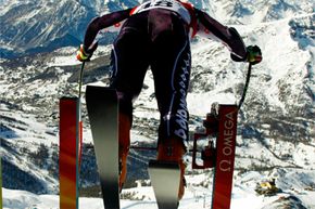 Liechtenstein's Claudio Sprecher leaves the start house during the first training run for the men's downhill race at the 2006 Torino Winter Olympics in Sestriere, Italy.