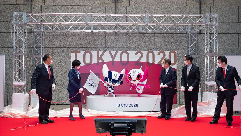 mascot statues are unveiled at the Tokyo Metropolitan Government headquarters