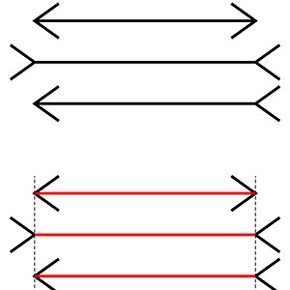 Muller-Lyer错觉,不同长度的线似乎(因为方向的箭头),即使他们都是一样的。”border=