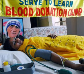 A member of the Basic Christian Community in Hyderabad, India, donates blood. Volunteer blood donors in India make up only 50 percent of the necessary eight million units needed to fill the annual requirement for blood.