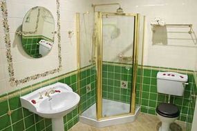 A small bathroom with green tiles and a walk-in shower.&nbsp;