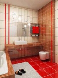 A personality filled bathroom featuring bright red tiles, and a wall mounted toilet.&nbsp;