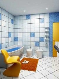 A colorful bathroom featuring blue tiles, and bright yellow accents.&nbsp;