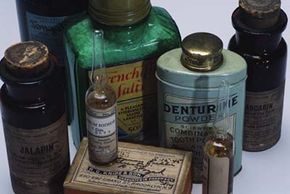 A collection of bottles containing old common household chemicals.&nbsp;
