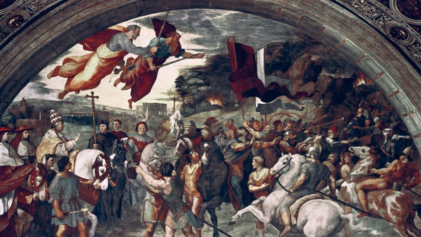 Raphael painted &quot;Pope Leo I, Repulsing Attila,&quot; which tells the legend of the two men's fateful meeting, with Saints Peter and Paul flying overhead. Art Media/Print Collector/Getty Images