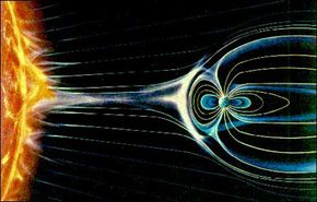 Illustration of how solar winds impact the Earth's magnetosphere