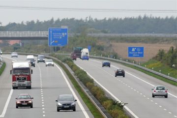 Vehicles drive on the German highway A20 from Luebeck to Stettin, near Rostock, northern Germany.