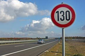 A speed limit traffic sign stands on the motorway A38 south of Leipzig, Germany.