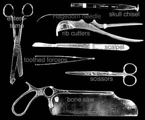 Typical hand tools medical examiners use when performing autopsies.