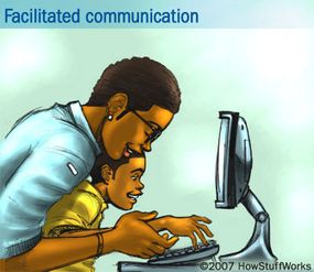 In facilitated communication, a facilitator may hold the arm of an autistic child and helps him type on a computer keyboard to assist in communication.