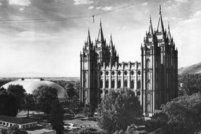 Old photograph of the Salt Lake City LDS Mormon temple and tabernacle