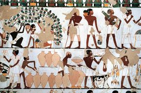 The tomb of Prince Khaemwaset, from 12th century B.C.E. Egypt,  has a mural painting depicting a scene of grapes picking and wine production.