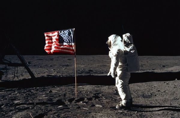 Buzz Aldrin stands with the US flag on the surface of the moon during the Apollo 11 mission in 1969.