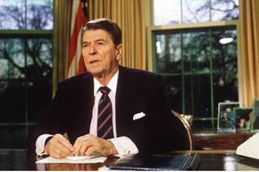 President Ronald Reagan addresses the nation from the White House Oval Office.