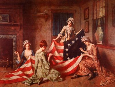 Betsy Ross and assistants sew the American flag