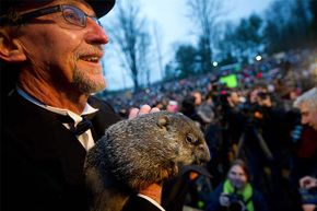 土拨鼠处理者Ron Ploucha看到了Punxsutawney Phil，他看到自己的影子预测了2012年2月2日在宾夕法尼亚州Punxsutawney举行的第126届年度土拨鼠日庆祝活动中又有六个星期的冬季。菲尔那年是对的，为了改变。“border=