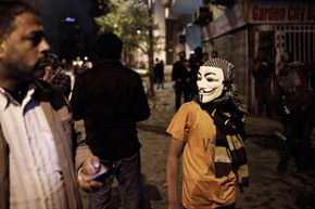 An Egyptian protester wearing a Guy Fawkes near Tahrir Square on Jan. 28, 2013.