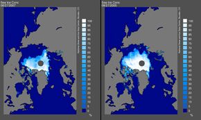 This satellite image shows that Arctic ice levels in 2007 (left)were less than even the record low levels of 2005 (right).See more global warming images.