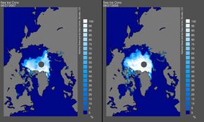 这张卫星图像显示，2007年(左)的北极冰层18新利最新登入水平甚至低于2005年(右)的历史最低水平。查看更多全球变暖图片。＂width=